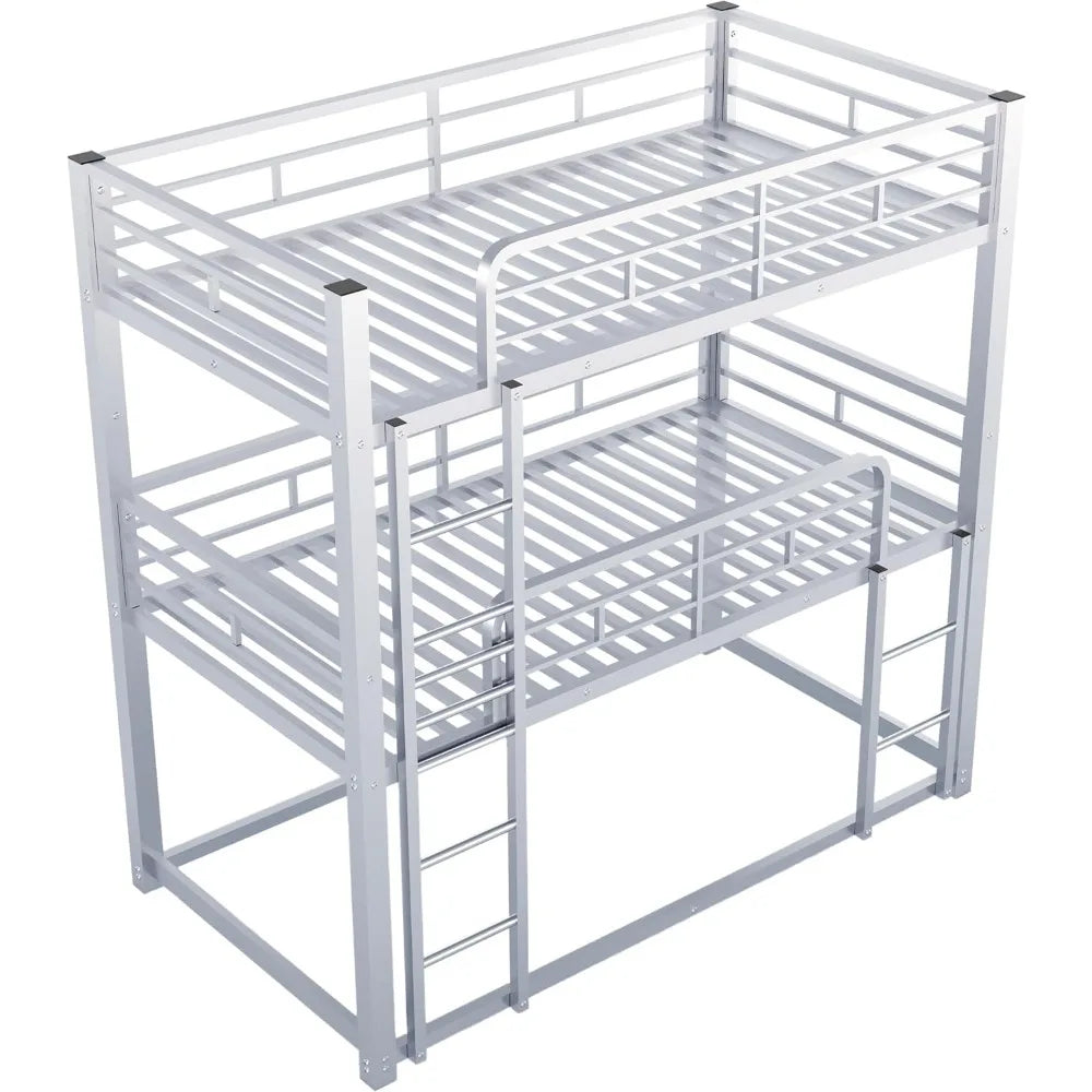 Twin Size Metal Bunk Bed with Built-in Ladder, Safety Guardrails for Small Spaces