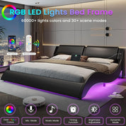 King Size Bed Frame with Headboard and Charging Ports Modern Low Profile King Platform Bed Frame with LED Lights Wave Like