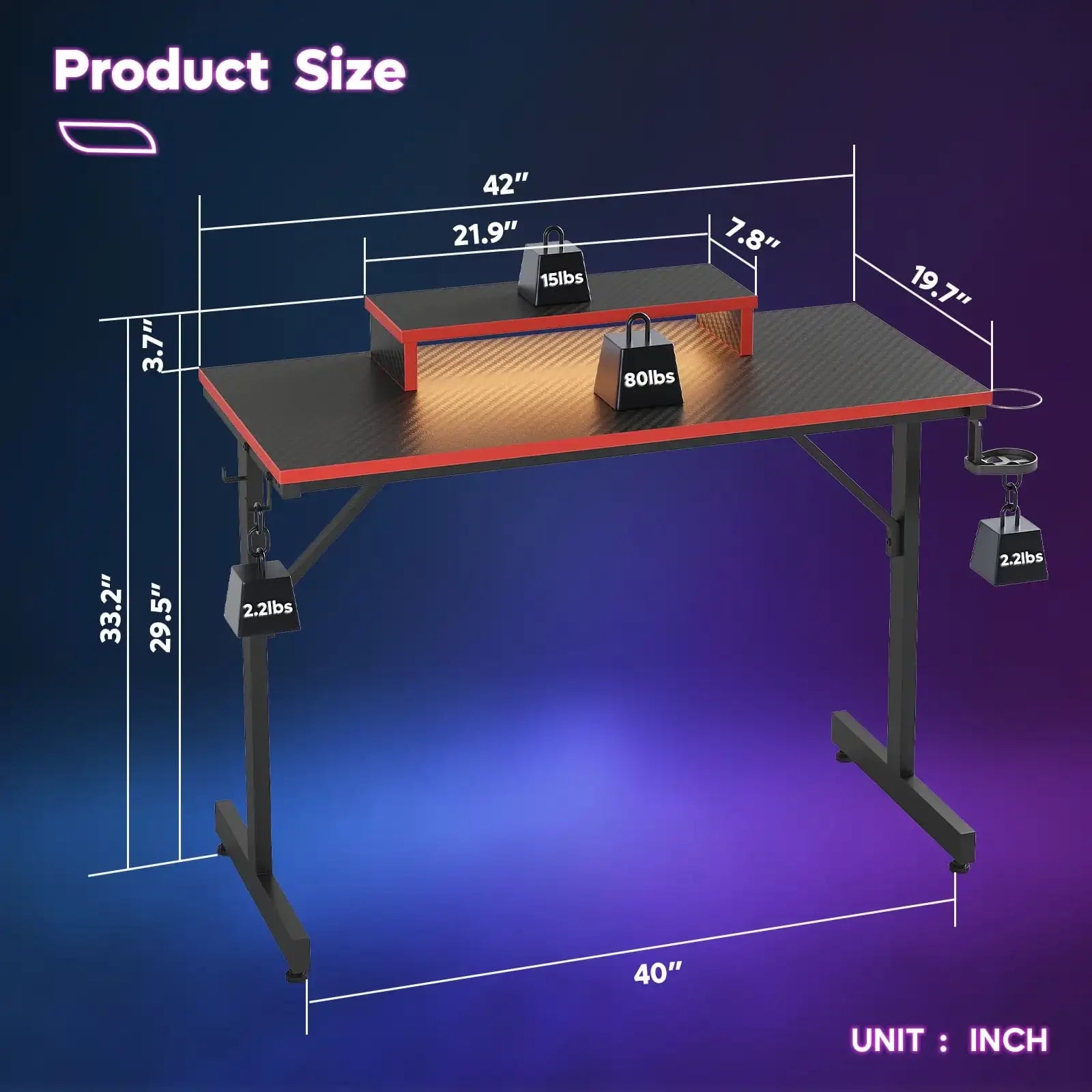 42" Gaming Desk with LED Lights & Monitor Stand