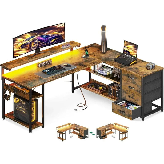61" L Shaped Desk with Drawer, Computer Desk with Power Outlets & LED Lights, Reversible Corner Gaming Desk