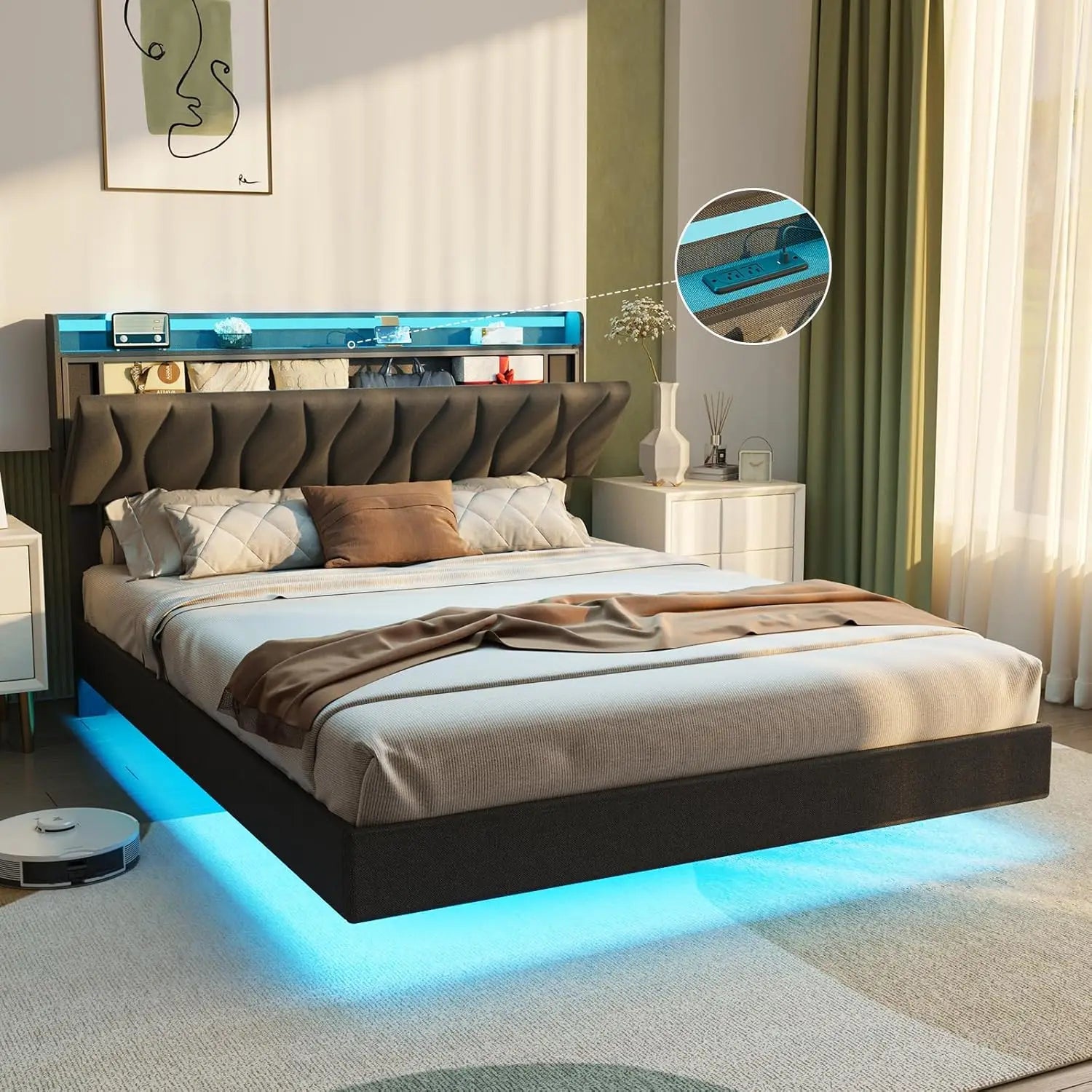 Vabches Floating Queen Bed Frame With Storage Headboard&LED Light Bed Frame with Charging Station Upholstered Platform Bed Frame