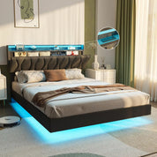 Vabches Floating Queen Bed Frame With Storage Headboard&LED Light Bed Frame with Charging Station Upholstered Platform Bed Frame