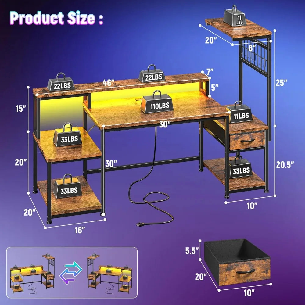 55" Gaming Desk with LED Lights & Outlets,Computer Desk with Drawers & Monitor Stand,Gaming Table with Storage Shelves