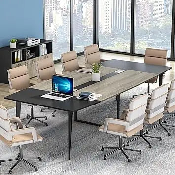8FT Conference Table, 94.48L x 47.24W x 29.52H Inches Boat Shaped Meeting Table with Rectangle Grommet, Modern Seminar Boardroo