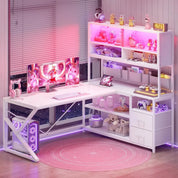 L Shaped Gaming Corner Desk with 2 Drawer and Bookshelf and LED Light