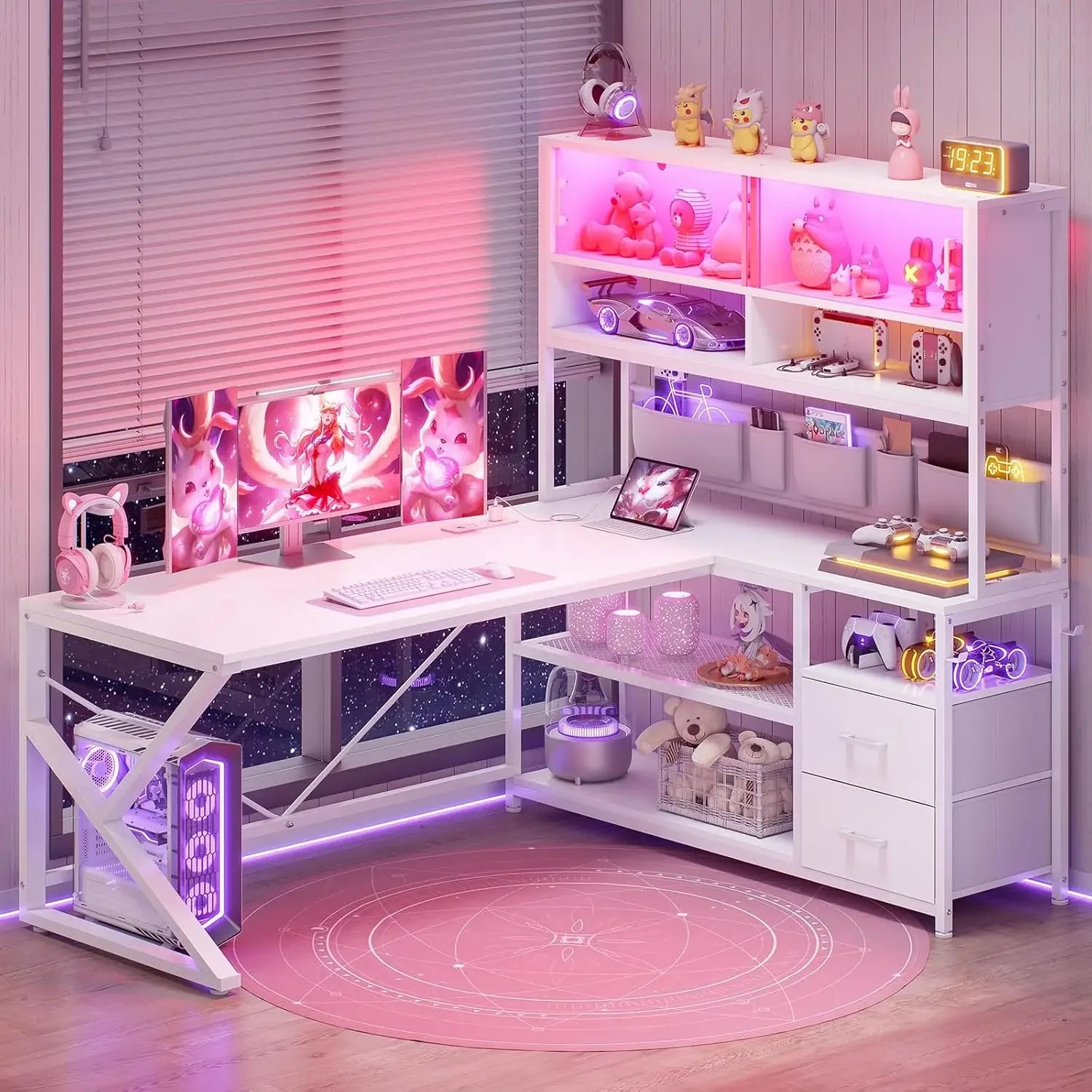 L Shaped Gaming Corner Desk with 2 Drawer and Bookshelf and LED Light