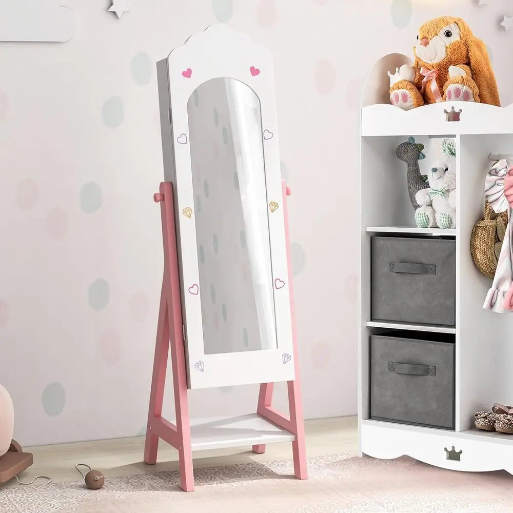 Kids Standing Jewelry Armoire with Full-Length Dress-Up Mirror, Drawers & Storage Shelves
