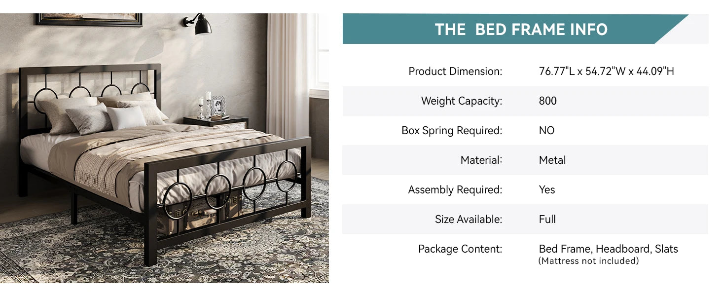 Metal Platform Bed Frame with Vintage Circular Design Headboard and Footboard
