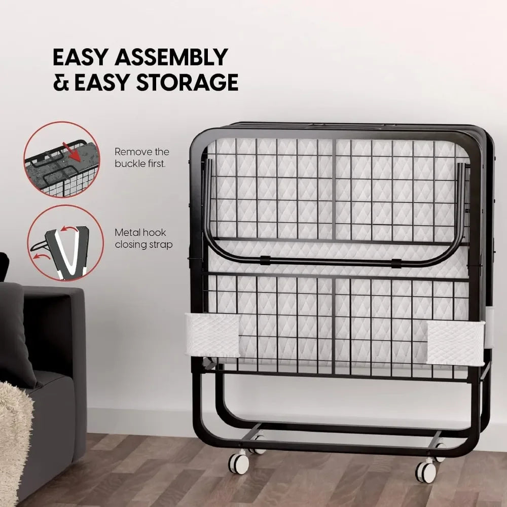 Folding Bed with Mattress - 75x31 Cot Size Frame - Portable Rollaway Guest Bed with 5-inch Memory Foam Mattress - Space-Saving