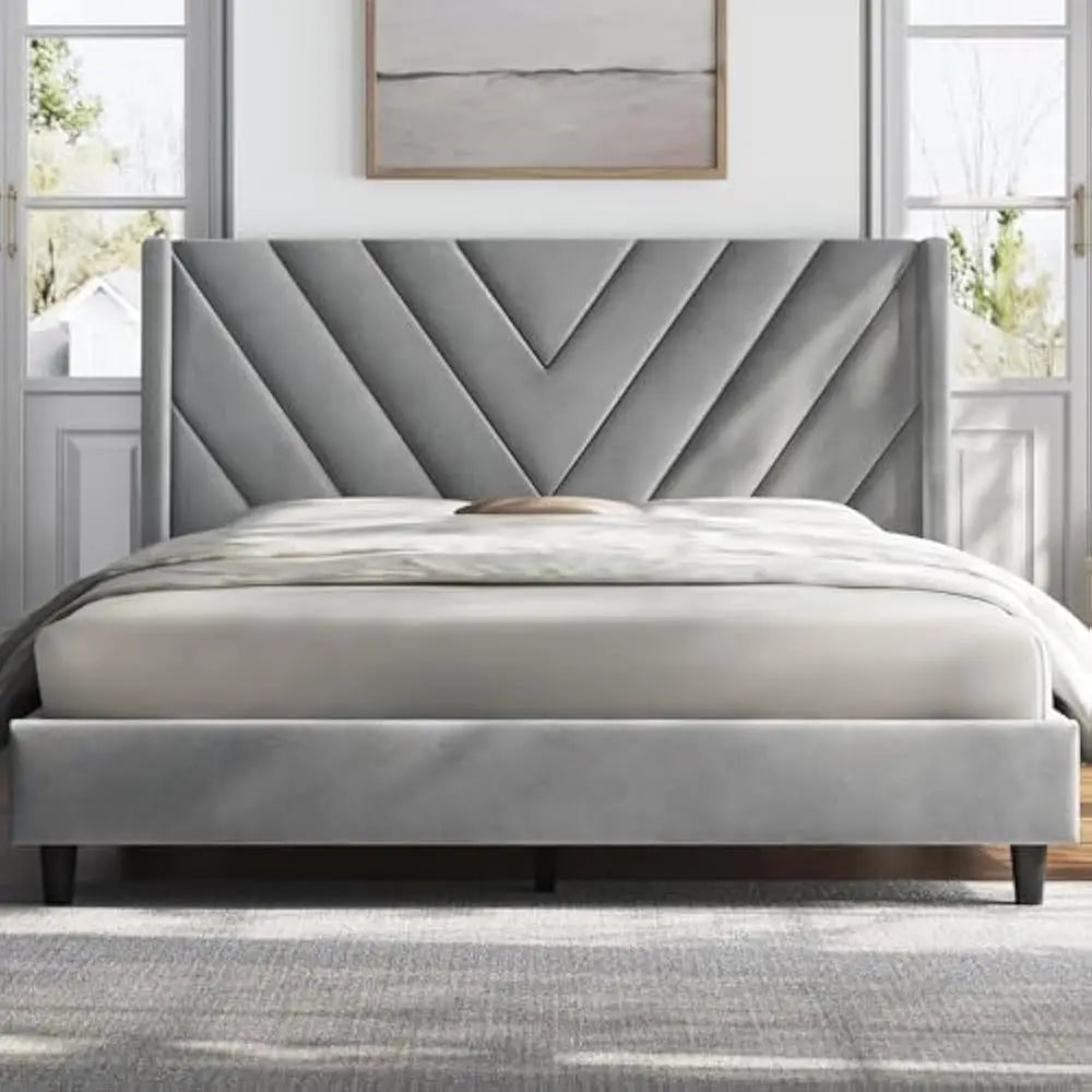 Bed Frame Upholstered Platform Bed w/Wing Side/Wooden Slat Support/Tufted Headboard w/Wing Side, No Box Spring Needed