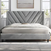 Bed Frame Upholstered Platform Bed w/Wing Side/Wooden Slat Support/Tufted Headboard w/Wing Side, No Box Spring Needed
