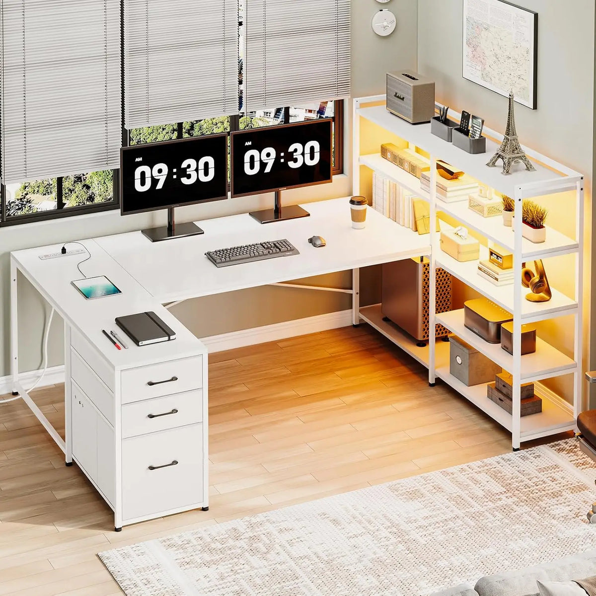 Corner Computer Desk, Reversible U Shaped Office Desk with 3 Fabric Drawers and Power Outlet, Corner Gaming Desk with LED Lights