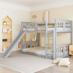 Twin Over Twin Bunk Bed with Slide and Ladder, Gray