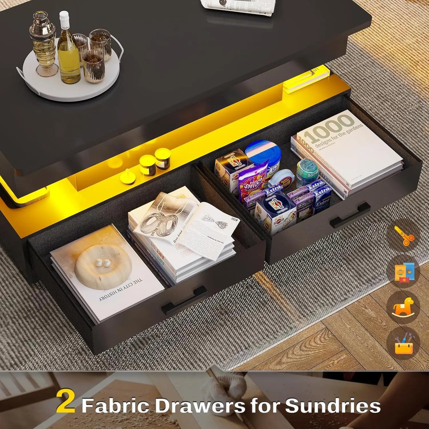 40" Lift Top Coffee Table, Coffee Tables with Storage for Living Room, Small Coffee Table with 2 Fabric Drawers Black