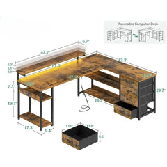 61" L Shaped Desk with Drawer, Computer Desk with Power Outlets & LED Lights, Reversible Corner Gaming Desk