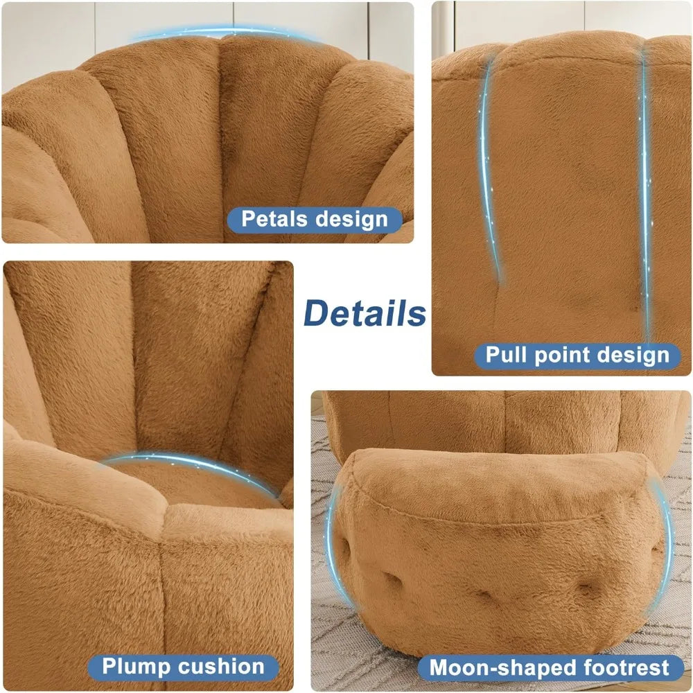 Flower Bean Bag Chair with Ottoman for Adults,Large Beanbag Chair with Artificial Rabbit Fur Fabric,Comfy Single Sofa