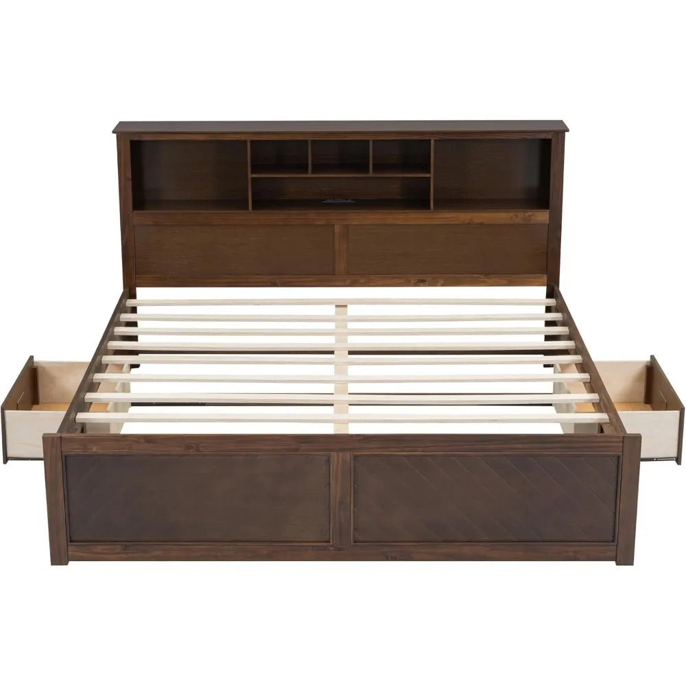 Harper & Bright Designs King Size Platform Bed with Bookcase Headboard and Storage Drawers, Wood King Storage Bed Frame with USB