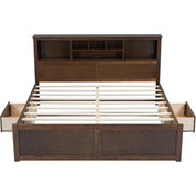 Harper & Bright Designs King Size Platform Bed with Bookcase Headboard and Storage Drawers, Wood King Storage Bed Frame with USB
