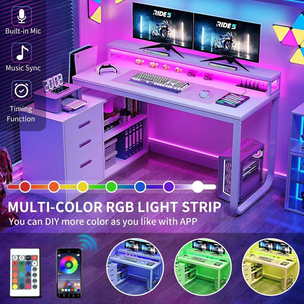 FurnishSpot Corner Computer Desk with File Cabinets | Office Desk with Power Outlets, USB & LED Lights