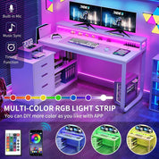 FurnishSpot Corner Computer Desk with File Cabinets | Office Desk with Power Outlets, USB & LED Lights