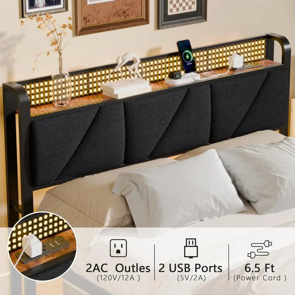 Queen Size Bed Frame with Headboard and LED Lights, Upholstered Bedframe with Charging Station and USB Port, Platform Metal