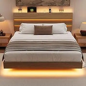 Floating Bed Frame King Size with Led Headboard and Charging Station, Metal Platform Bed Base with Storage, Remote Control, Heav