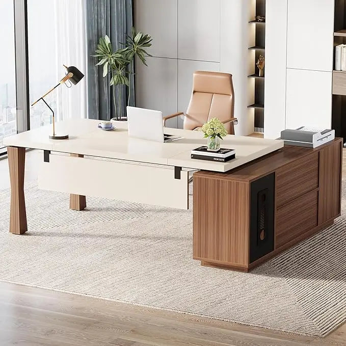 78.7-inch executive desk, large L-shaped desk with cabinets and storage shelves, family office desk, business furniture set
