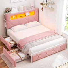 Queen Upholstered LED Bed Frame with 2 Storage Drawers and 2-Tier Storage Headboard,Velvet Princess Platform Bed with Charging