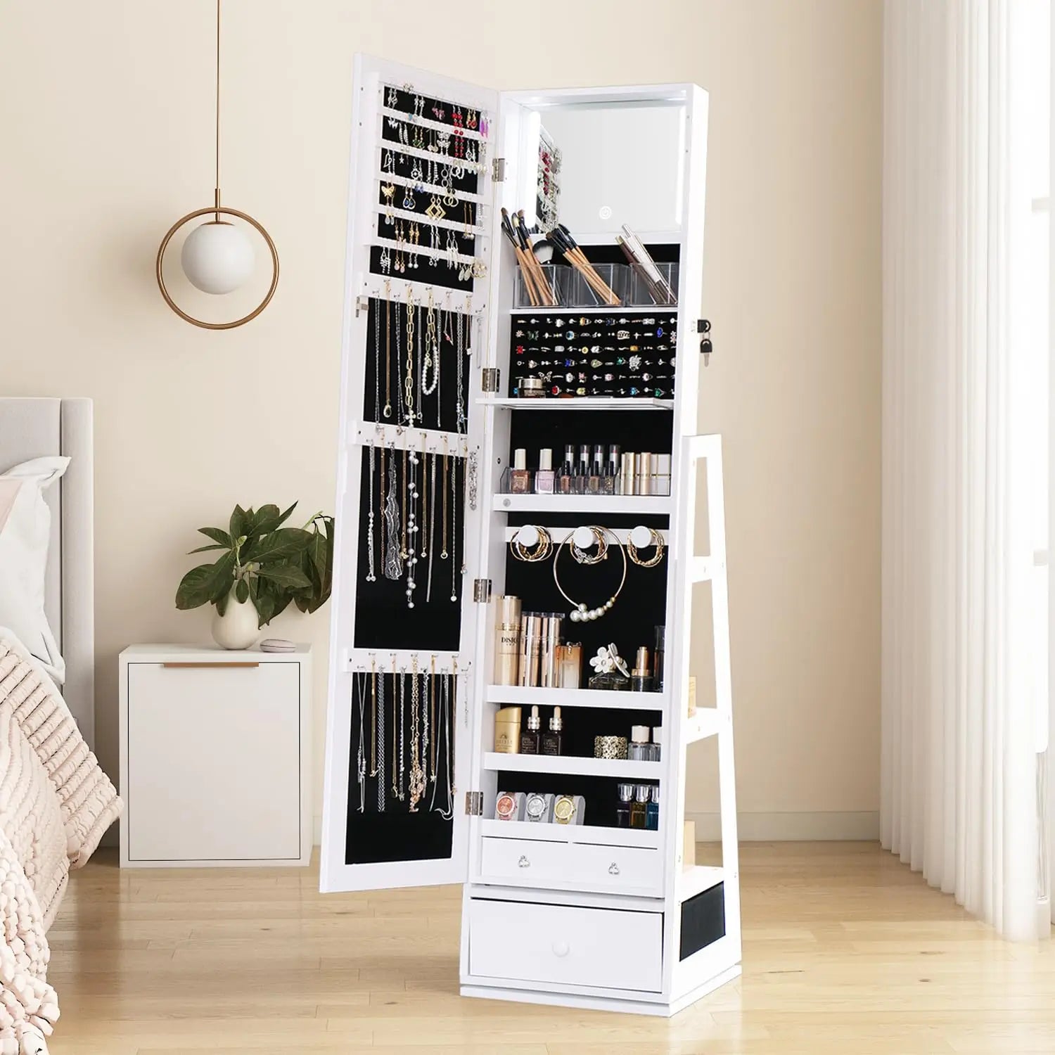 63.7" Lockable Rotating Jewelry Armoire with Full Length Mirror | Standing Storage Cabinet