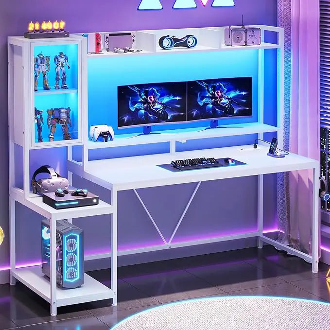 Gaming Desk, 60'' Gaming Desk with Hutch and LED Lights, Computer Desk with Storage Shelves, Large PC Gamer Desk with Display C