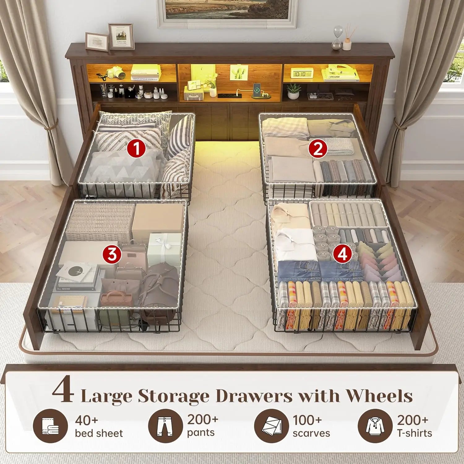 Queen Bed Frame with 4 Storage Drawers, LED lights, Headboard, and Charging Station