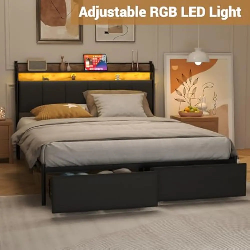 LED Queen Size Bed Frame with Storage Drawer and Charging Station