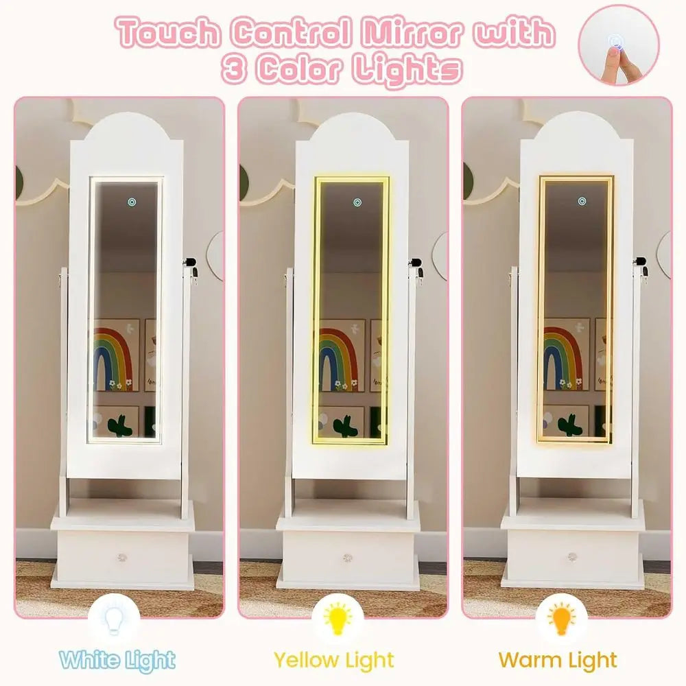 Children’s LED-Lit Jewelry Armoire with Lockable Storage & Full-Length Mirror Vanity