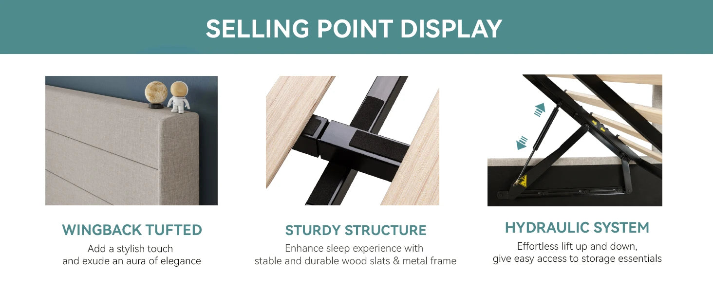 HOOMIC Lift-Up Storage Bed with Upholstered Wingback Headboard – Hydraulic Platform Bed with Under-Bed Storage, Durable Metal Frame, Multiple Mattress Sizes