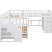 LShape Triple Bunk Beds with Stairs and DeskTwin Over Full Bunk Bed with Storage Wardrobe,Shelves and Drawers,Wood3Beds Bunk Bed