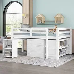 Playful Design Full Size Low Loft Bed with Slide and 3 Storage Drawers, Multiple Functions Wooden Loft Bed Frame with 2 Doors fo
