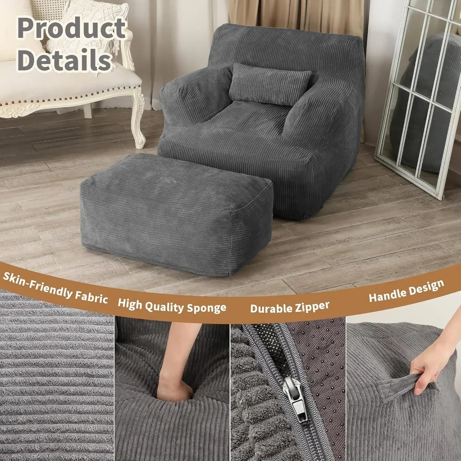 Bean Bag Sofa Chair with Ottoman, Giant Bean Bag Chair for Adults, Comfy Reading Chair,Living Room, Bedroom (Grey)