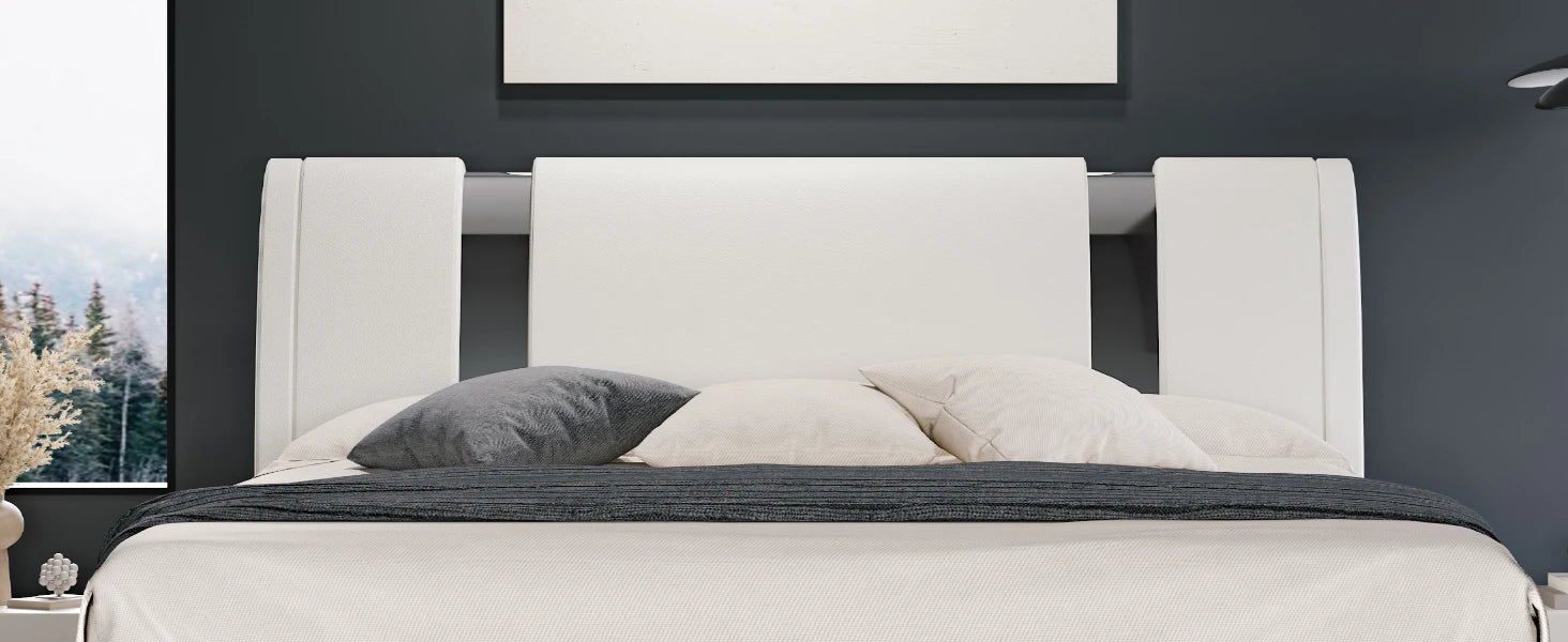 Modern Faux Leather Low Profile Platform Bed with Height-Adjustable Headboard