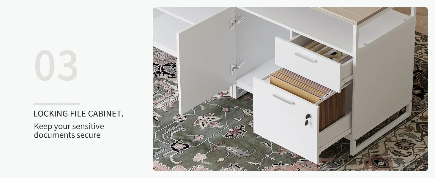 L-Shaped Executive Standing Desk with File Cabinet and Shelves, Electric Height Adjustable, Light Walnut