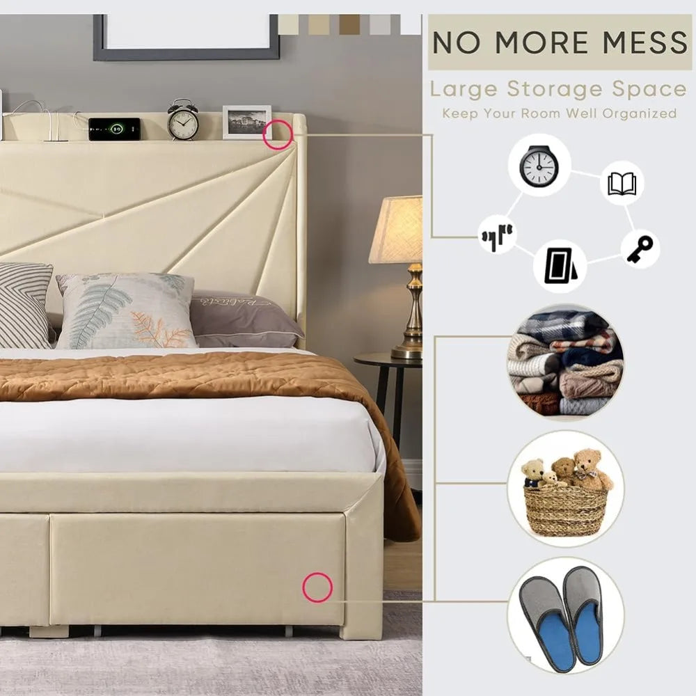 Upholstered Bed Frame w/Charging Station&2 Storage Drawers, Upholstered Headboard Platform Bed, No Box Spring Needed, Beds Frame