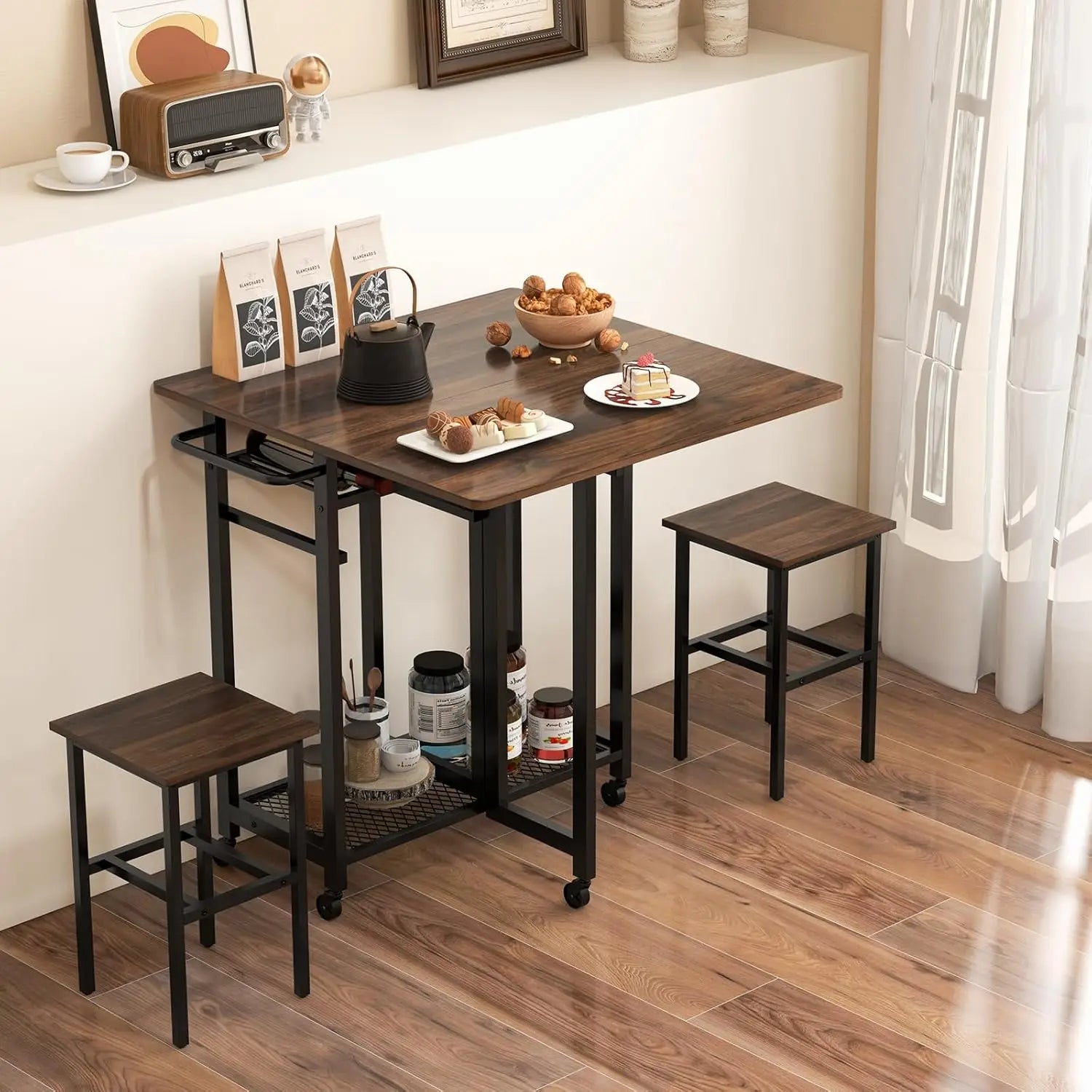 3-Piece Foldable Dining Table Set, Extendable Dining Table & 2 Stools Set w/ 6-Bottle Wine Rack, Side Pushing Handl