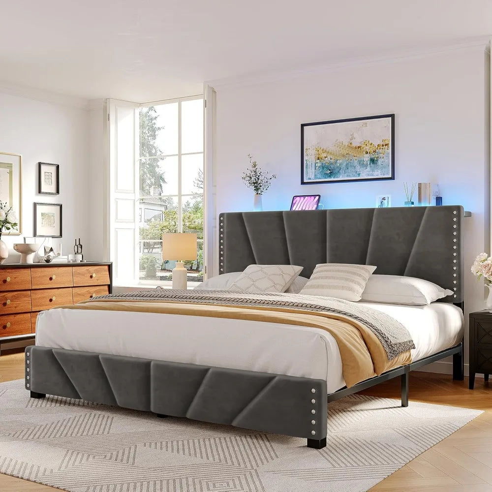 EnHomee King Size Bed Frame with Velvet Headboard and LED Lights, Storage Headboard Platform Bed with Charging Station, Sturdy W