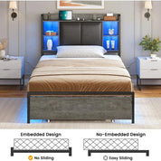 LED Twin Bed Frame w/Storage Drawers & Charging Station, Upholstered Bed Frame w/Headboard, No Box Spring Needed, Bed Frames