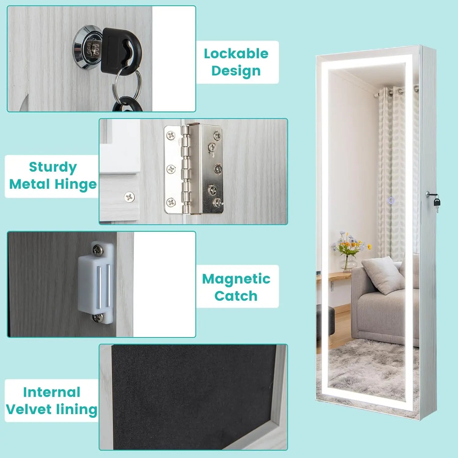 LED Jewelry Armoire with Adjustable Lighted Full-Length Mirror | Wall Mounted or Over Door