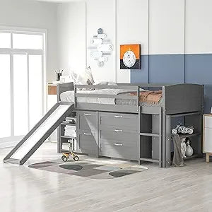 Playful Design Full Size Low Loft Bed with Slide and 3 Storage Drawers, Multiple Functions Wooden Loft Bed Frame with 2 Doors fo