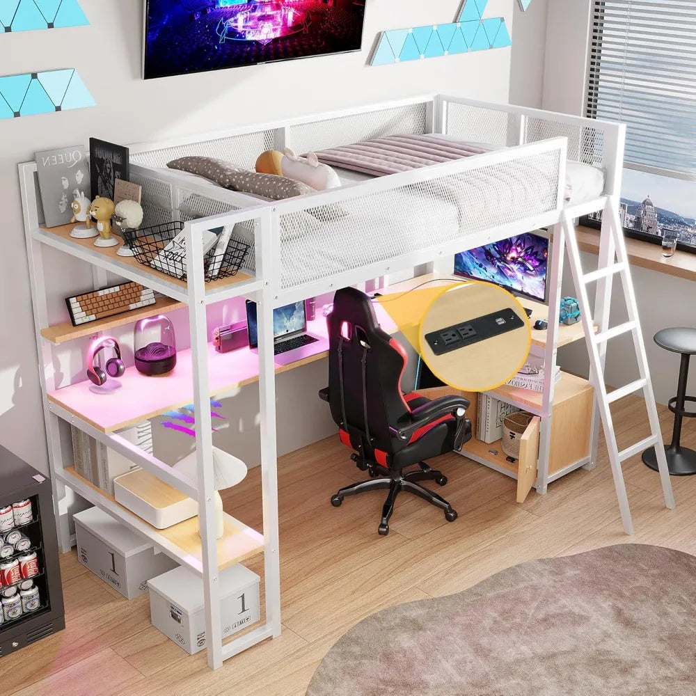 Loft Bed with Desk & Storage Shelves, Twin Size Space-Saving Bed Frame with LED Lights, Charging Station, Safety Guardrails, Eas