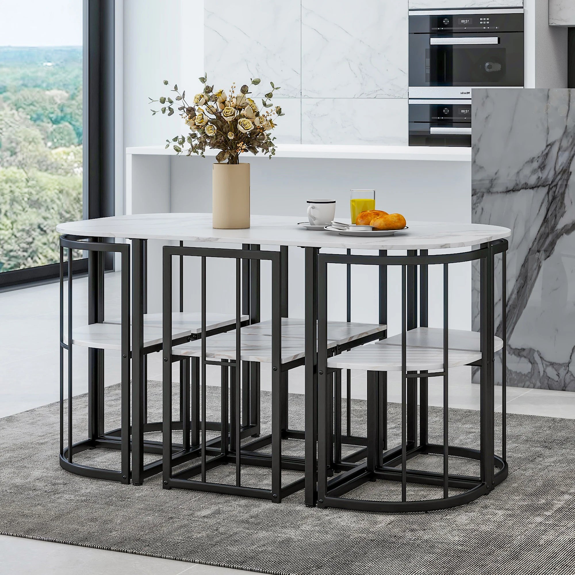 TOPMAX Modern 7-Piece Dining Table Set with Faux Marble Compact 55Inch Kitchen Table Set for 6