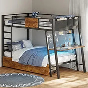Bunk Bed with Desk, Twin Over Twin Metal Bunk Beds with Power Outlets, RGB LED Lights, 2 Larger Storage Drawers, Bed with Safety
