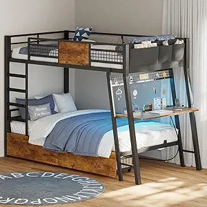 Bunk Bed with Desk, Twin Over Twin Metal Bunk Beds with Power Outlets, RGB LED Lights, 2 Larger Storage Drawers, Bed with Safety