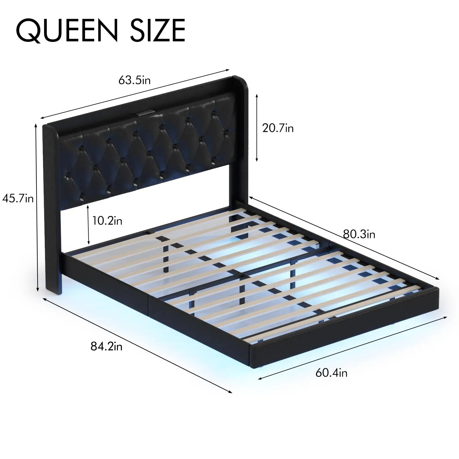 Vabches Floating Queen Bed Frame with LED Lights Upholstered PU Leather Platform Bed Frame with Power Outlet Storage Headboard